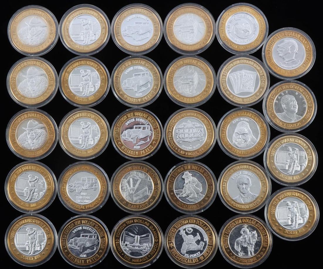 29 .999 FINE SILVER $10 LAS VEGAS GAMING TOKEN LOT: Each token contains .60 OZT .999 fine silver, various casinos, limited edition.