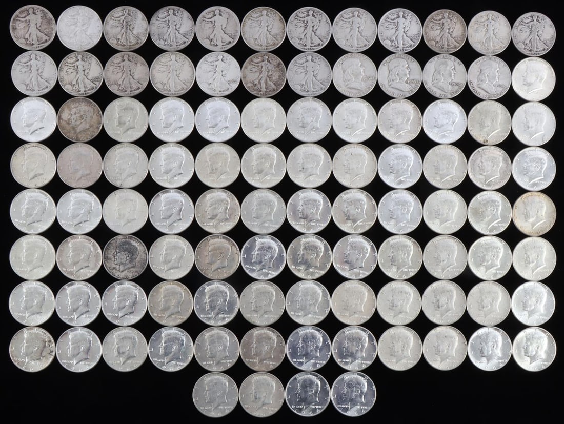 $50 FACE VALUE 100 90% SILVER HALF DOLLAR COIN LOT: From circulated to uncirculated, Kennedy and Walking Liberty all 1964 or earlier.