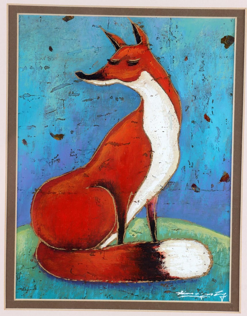 HUA YAO TUNG FOX ORIGINAL PAINTING ON PAPER: Mixed media painting of Fox by Hu Yao Tung (Taiwan). Award winning artist with pieces in private and corporate collections including Walt Disney Co. , Du Pont Corp., City of New Smyrna Beach Fla. and 
