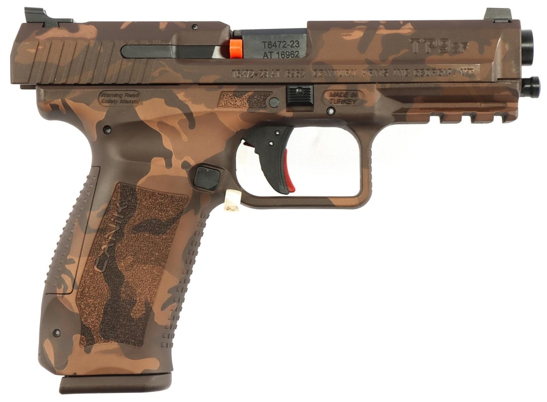 CANIK TP9SF WOODLAND MODEL 9MM SEMI AUTO PISTOL: 4.5-inch barrel. Stainless steel with woodland pattern finish. Textured grips. Includes two (2) 18-round magazines, holster, gun lock, manual, and original case. Requires FFL for transfer. No internat