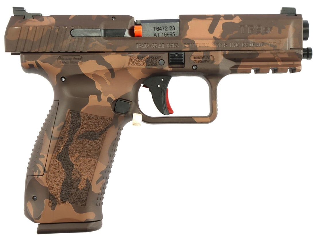 CANIK TP9SF WOODLAND MODEL 9MM SEMI AUTO PISTOL: 4.5-inch barrel. Stainless steel with woodland pattern finish. Textured grips. Includes two (2) 18-round magazines, holster, gun lock, manual, and original case. Requires FFL for transfer. No internat