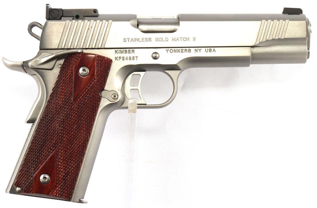 KIMBER STAINLESS GOLD MATCH II 9MM SEMI PISTOL: Kimber, Stainless Gold Match II, 1911, 9mm, semi-automatic pistol. Comes in original Kimber carrying case with one magazine, owner's manual, and a lock. Pistol features a serrated front bladed sight a