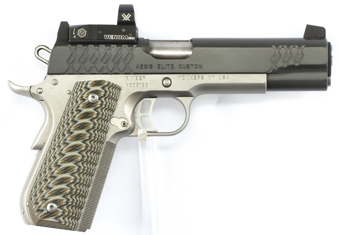 KIMBER AEGIS ELITE CUSTOM .45 CAL PISTOL: Kimber Model Aegis Elite Custom 9mm caliber semi automatic pistol. Silver Satin finish stainless frame with matte black stainless steel slide. Vortex Venom 6M0A red dot sight. G10 grips. Two magazines