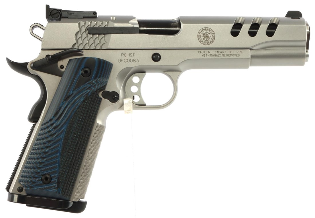 SMITH & WESSON PC1911 .45 ACP SEMI AUTO PISTOL: Smith & Wesson, Performance Center 1911, .45 ACP, Semi-automatic pistol. Comes in original S&W carrying case with three magazines, owner's manual, and a lock. Pistol features checkered, blue grips wit