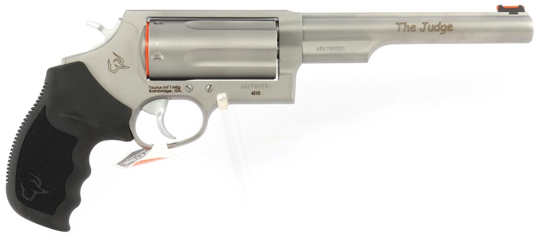 TAURUS ARMAS THE JUDGE 45 COLT / .410 REVOLVER NIB: Model #: 2-441069MAG. Comes brand new in box with owner's manual. Clear bore. 6.5-inch barrel. 5-shot revolver. Front fiber optic sight, fixed rear sight. Textured rubberized grips. Stainless steel co