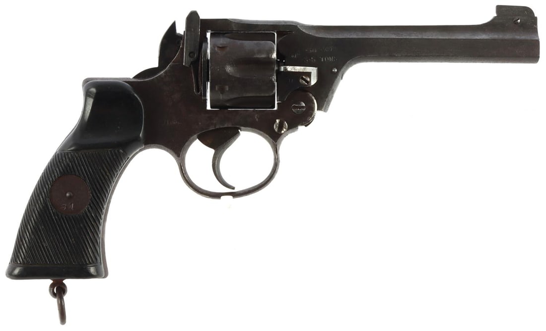 WWII BRITISH ENFIELD NO 2 REVOLVER PISTOL 38 CAL: Spurless hammer, 5 inch barrel, smooth action, broad arrow marked. Bore is mostly clear with some pitting. This gun was purportedly captured from a British soldier by a German soldier in the European 