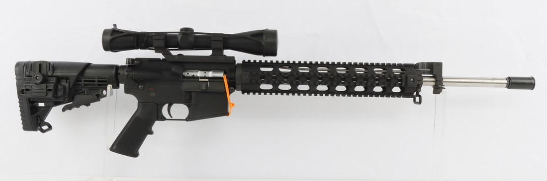 DPMS PANTHER ARMS A-15 .223/5.56 SEMI AUTO RIFLE: DPMS Panther Arms, Model A-15, caliber .223-5.56, semi-automatic rifle with scope. Custom hand guard and accessory rail mount. Command Arms Accessories adjustable stock. Features LEUPOLD rifleman 3-9