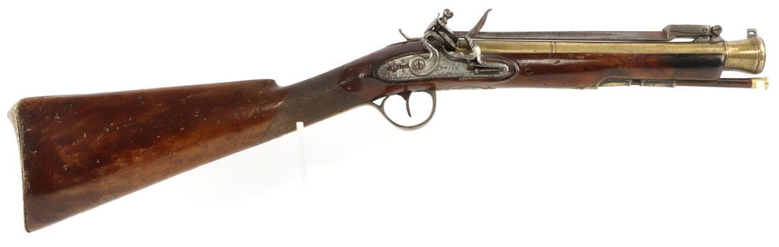 BRASS BARREL FLINTLOCK BLUNDERBUSS SPRING BAYONET: Barrel measures about 10 inches long with a mostly dark bore which is clear with some surface loss. Bore in good condition for such an old piece. Proof marks on barrel, "TWIGG" marked on lock plate. M