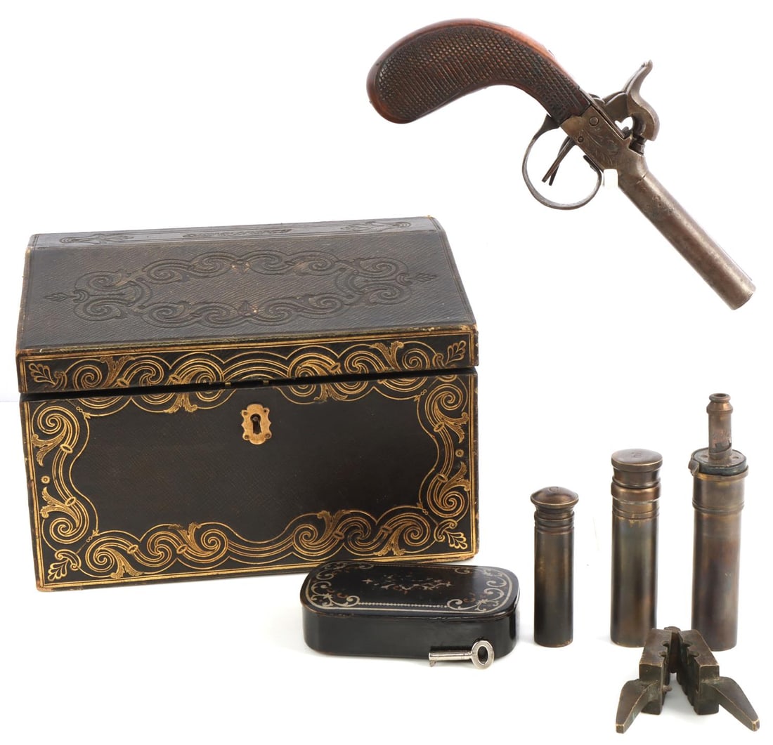 ANTIQUE PERCUSSION PISTOL PRESENTATION BOX: Antique percussion pistol in presentation Boulle styled box. Included is a Belgian double barrel boot pistol, a powder measure, cap bottle, ball bottle, ball casting tool, and a small box. Very good c