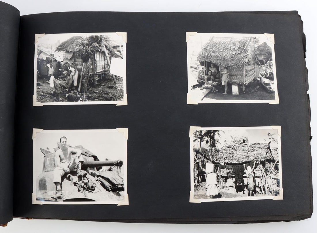 WWII US PHILLIPINES PHOTO ALBUM BOMBERS TANKS MORE: Photos taken and compiled by Sgt Roger Clark. Shows pictures of fighter pilots and bomber crews next to their planes with names such as "St. Louis Blues, The Lucky Dog, Million $ Baby, Junebug and mor