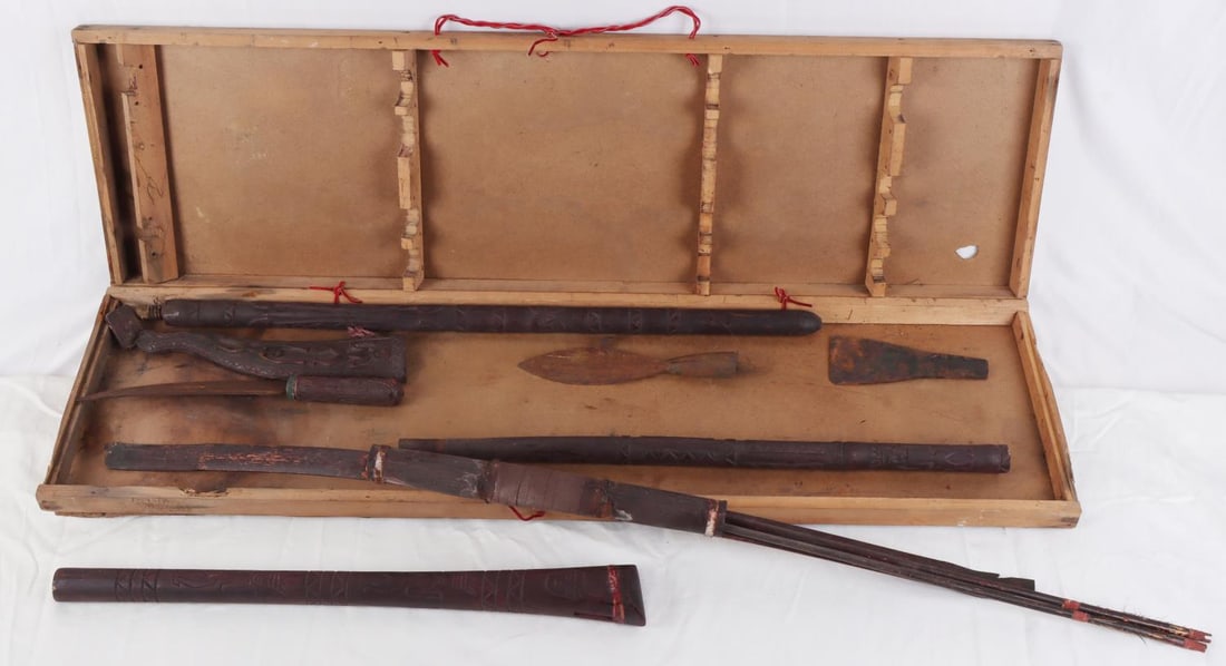 19TH CENTURY BORNEO WEAPONS SPEAR KNIFE BOW: Antique Borneo weapon set. Comes in box. Measurements range 13 3/4 X 54 inches. Very good condition.