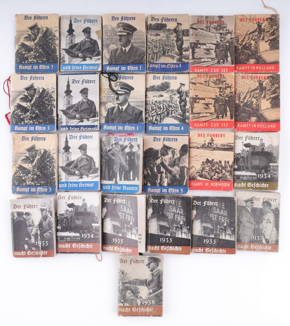 LOT 25 WWII GERMAN WHW MINI ADOLF HITLER BOOKS: Strong grouping of TWENTY-FIVE (25) Third Reich era WHW miniature Adolf Hitler books. Includes German language text and bold B&W photos. Some age wear present. Originals.