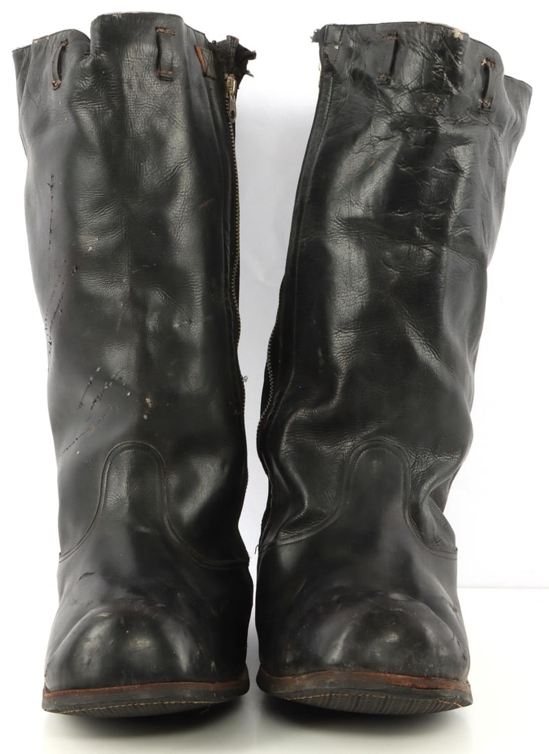 WWII GERMAN LUFTWAFFE AIRCREW FLIGHT BOOTS: Dated 1937, each missing top strap, about a U.S. size 11, black fur lined, very good original condition.