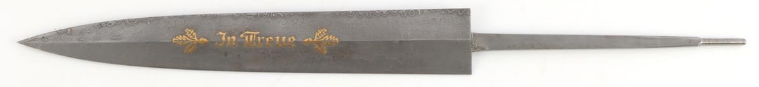 WWII GERMAN THIRD REICH DAMASCUS HONOR DAGGER: Prototype piece. Gold leaf reads Die Kameraden vom Trupp III/26/2. Reverse reads In Treue. It measures 14 3/8 inches. Very good condition. Unauthenticated, sold as is.