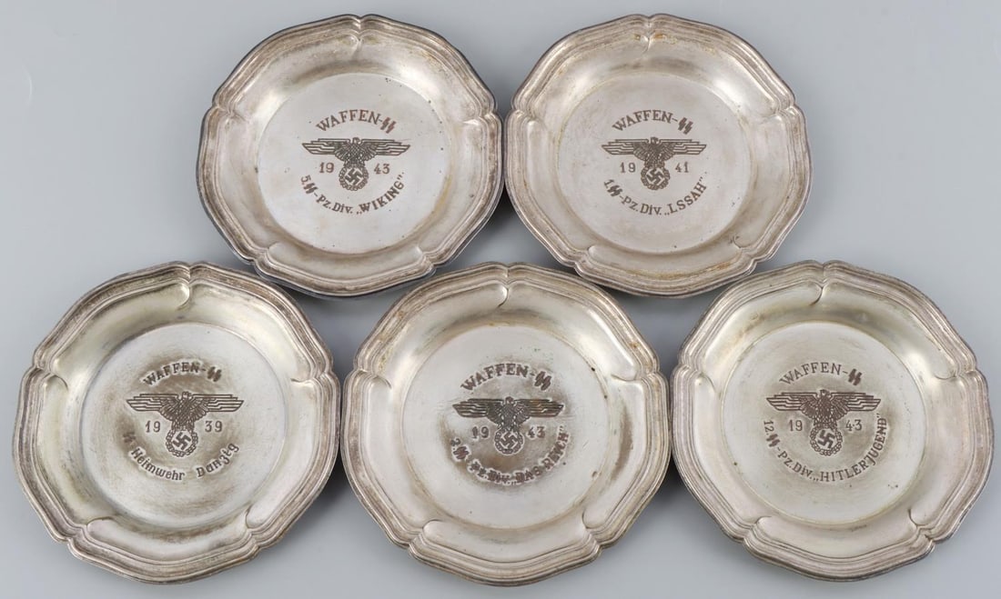 5 WWII GERMAN REICH WAFFEN SS PANZER SILVER PLATES: Lot of five (5) WWII German Reich Waffen SS Panzer silver plates dated from 1939 to 1943, each for their own division. Plates include Panzer divisions LSSAH(Leibstandarte SS Adolf Hitler), Hilterjugen