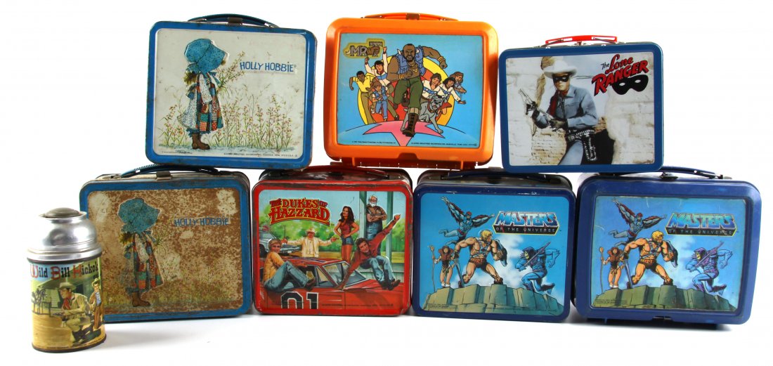 ALADDIN LUNCHBOXES HE-MAN MR. T DUKES OF HAZZARD +: 1980 Dukes of Hazard metal lunchbox without Thermos, has some scratches and dents. Two 1983 Masters of the Universe lunch boxes one plastic (no Thermos, scratches to plastic and sticker) and one metal