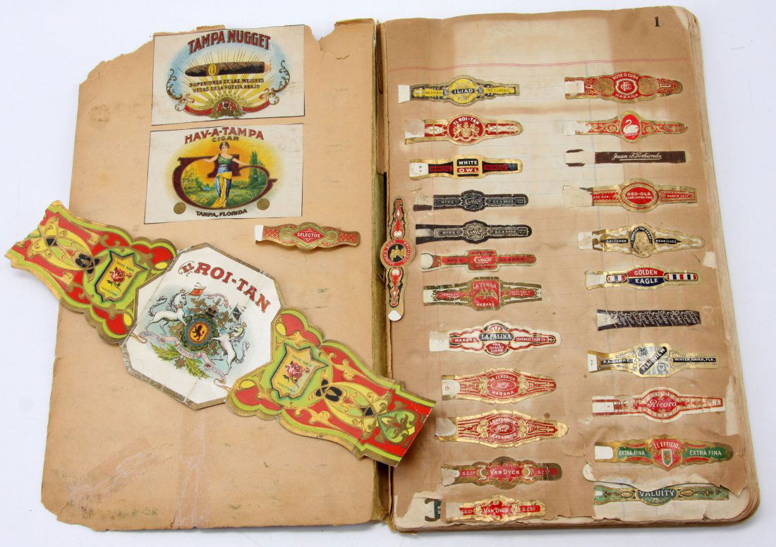 OVER 700 EARLY CIGAR LABELS IN JOURNAL: 700+ early cigar labels pasted into a journal. Very few duplicates. Labels are in very good condition, journal measures 12 by 7.5 inches and is in good condition.