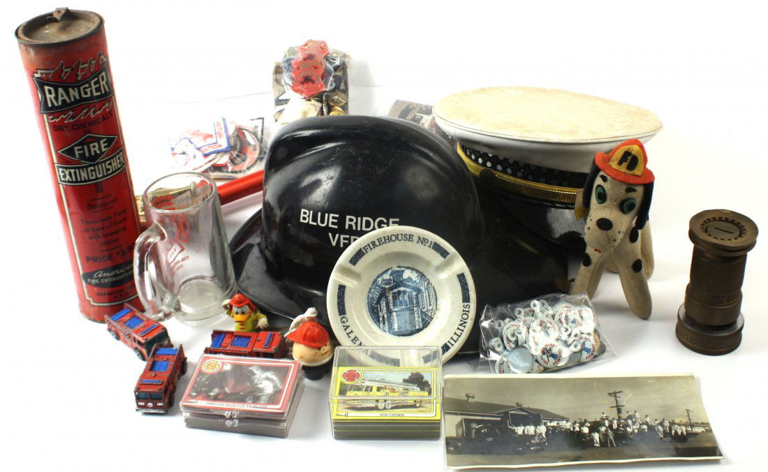 FIREFIGHTER EPHEMERA PATCHES BADGES TOYS CARDS +: Powerhatan B&I Works FD hose nozzel, fire hydrant wrench, c.1920s Ranger dry chemical fire extinguisher, still full, postcards, 20+ patches, badges (junior, volunteer, and more), Dream Pets stuffed to