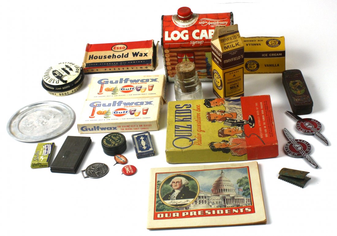 LOT OF VINTAGE PACKAGING MATCHES WAX ANT POISON +: 1 quart Mayfield milk carton, Corcoran Famous Paratroop Boot Polish tin, wax packages with wax (Esso & Gulf), Shelby Ultra Thin and Sapphire steel blade razors with original razors, Log Cabin syrup ti