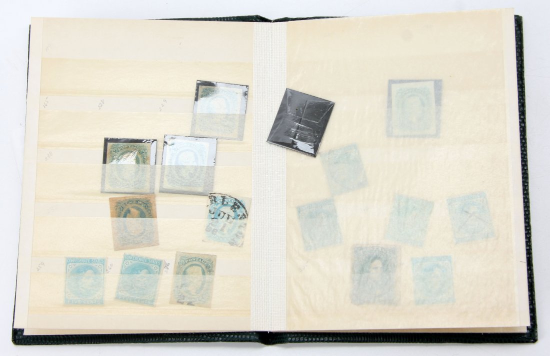 CONFEDERATE STAMP COLLECTION CSA 1 & MORE: Small Stamp slide page book with seventeen Confederate States stamps, includes two CSA-1 , each about VG with hinged backs, balance are a mixture of hinged back some uncirculated five are cancelled.