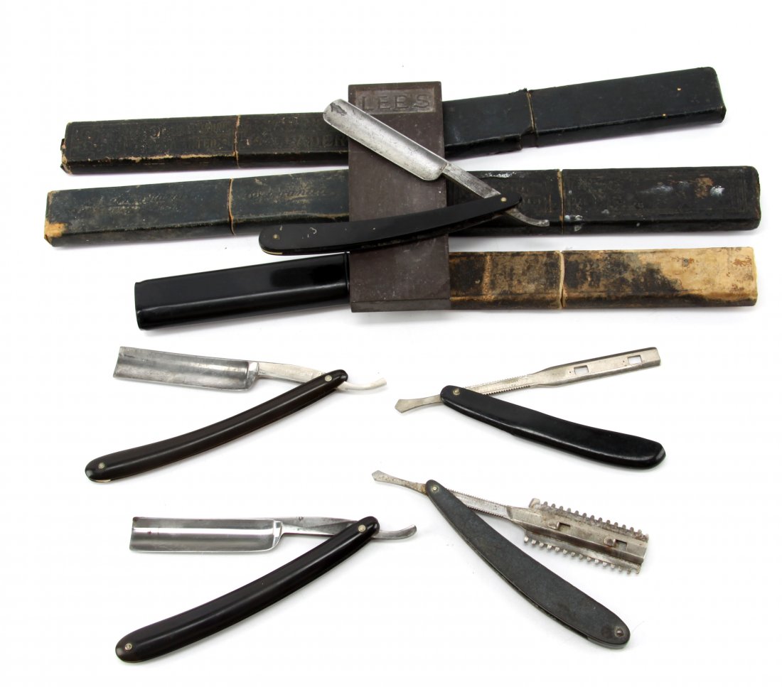 ANTIQUE STRAIGHT RAZOR COLLECTION OF 5: Collection of antique straight razors and includes a Lee's whetstone sharpener, the blades are as follows, Hollow Filled Sheffield, Durham Demonstrator, F.A. Powers Germany, Sterling, and one unnamed,