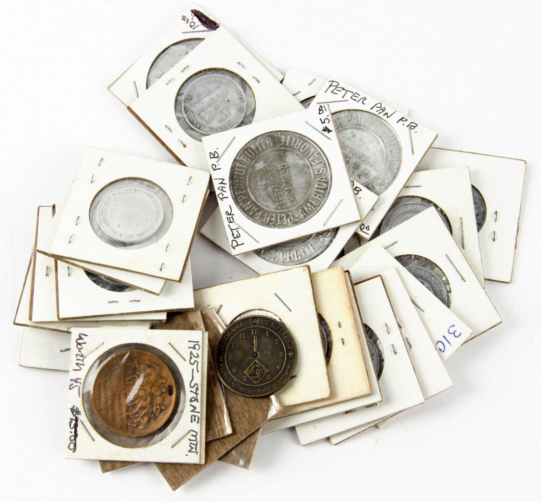 TOKEN LOT CRACKER JACK PETER PAN ST MOUNTAIN MORE: Collection of vintage labels and tokens, includes nineteen Cracker Jack Presidential mystery club tokens, Stone Mountain Children's Founders token, Crystal White soap token, and three Peter Pan tops.