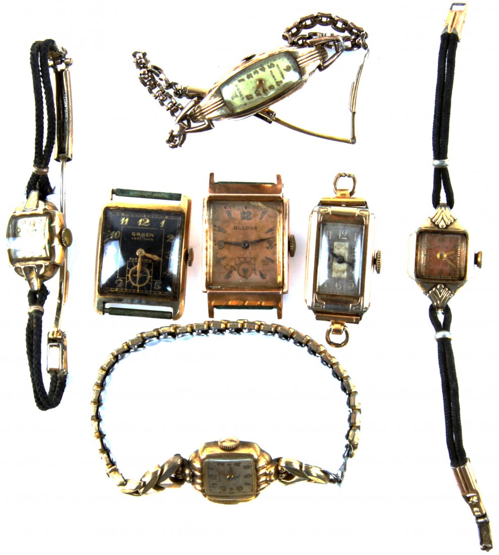 SEVEN GOLD FILLED VINTAGE WRIST WATCHES: Lot includes Bulova, Gruen, Elgin, and National watches. Bulova watch dates to 1948, other watches date to the 1940s and the 1950s. Size: Various Weight: 95.2 grams total Condition: Varies states of d