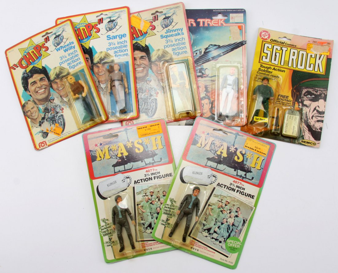 SEVEN VINTAGE ACTION FIGURES MASH CHIPS STAR TREK: Seven unopened 1970s -1980s action figures. Two 1982 M*A*S*H* Corp Klinger figures unopened. Three 1977 CHiPs action figures Jimmy Squeaks, Wheels Willy, and Sarge. 1981 DC Comics Sgt. Rock. 1979 Star