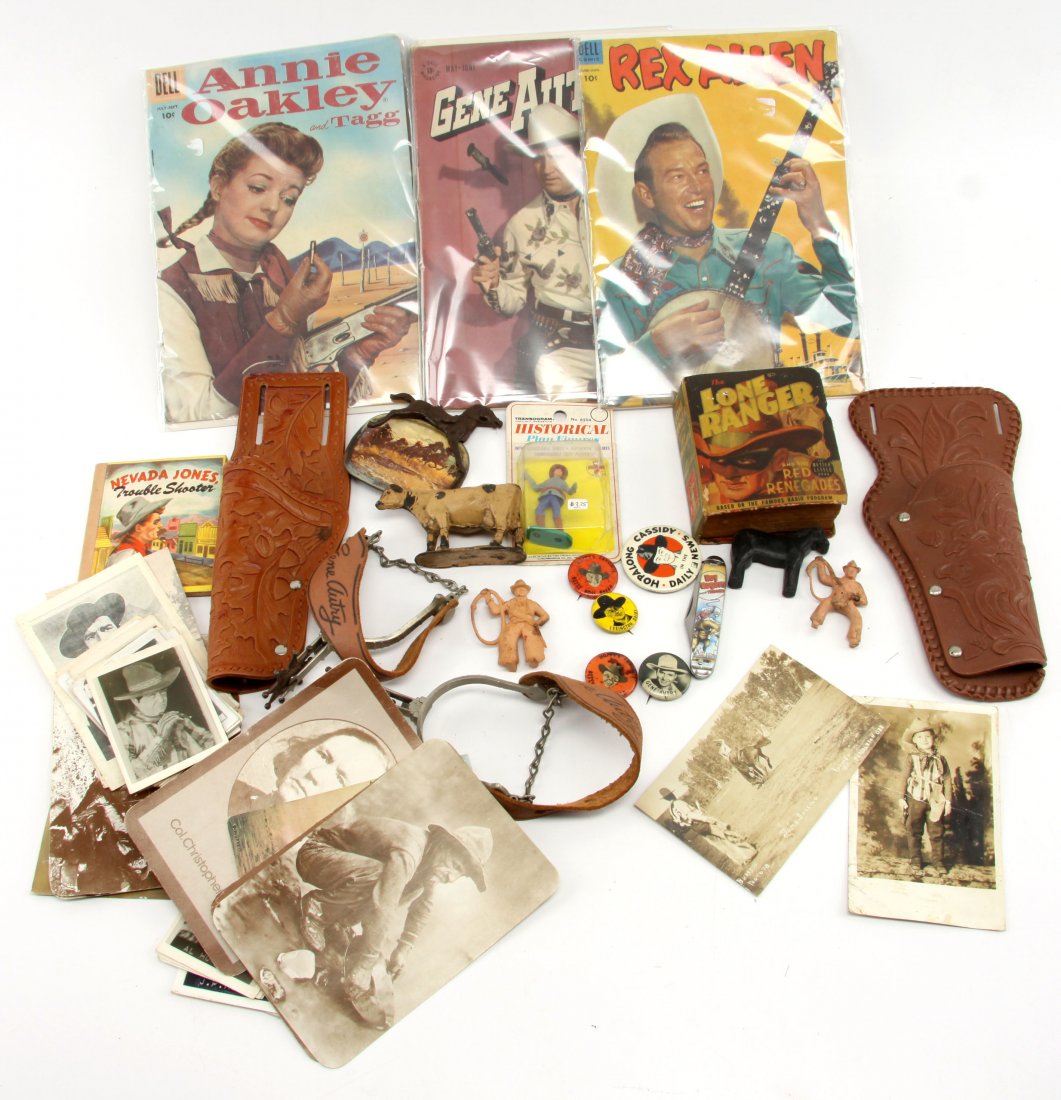 CHILDRENS COWBOY & WESTERN TOYS COMICS BOOKS +: Gene Autry Spurs (1947) in very good condition, one spur tip missing; Dell Comics: Gene Autry Comics #7 (1946), Rex Allen #9 (1953), Annie Oakley and Tagg # 8 (1950); The Lone Ranger & The Red Renegad