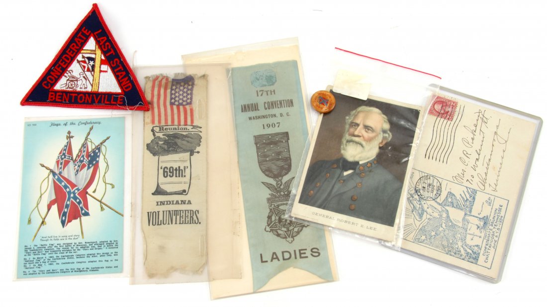 CONFEDERATE & GAR REUNION FDC BUTTON & RIBBONS: Grouping of Civil War reunion and other items as follows, Jaynes medicine advertising card of Robert E. Lee, Home For Confederate Women original pin back button, 1934 Chattanooga Confederate Reunion F