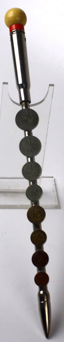 TRENCH ART STYLE SWAGGER STICK WITH GERMAN COINS: Post WWII swagger stick, decorated with West German Mark and Pfennig coins of various denomination. Tip and pommel fashioned from .50 BMG casing and projectile. Coin dates are mostly 1950's.