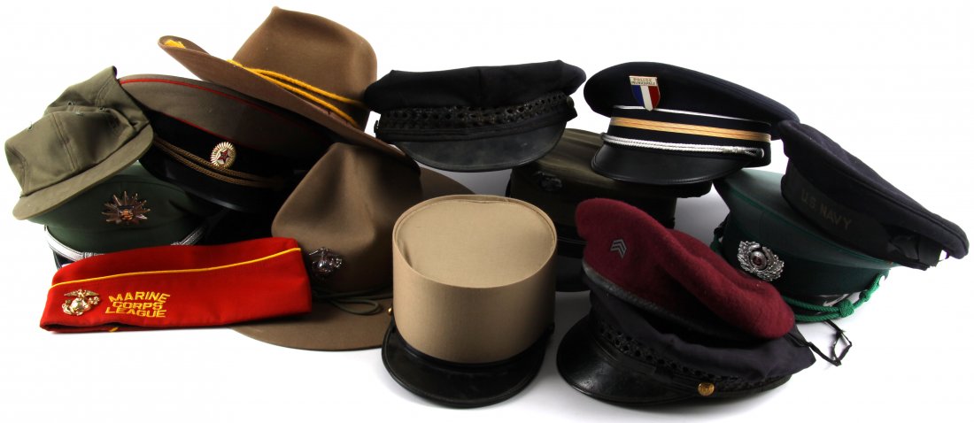 14 VARIOUS MILITARY HATS CAPS BERETS MARINE CCCP+: US Marine Campaign Hat made by Stetson, has holes three sets of "c" shaped holes; Cavalry-style hat with gold cords; French Police Municipale hat in unused condition; Marine Corp League garrison hat, 