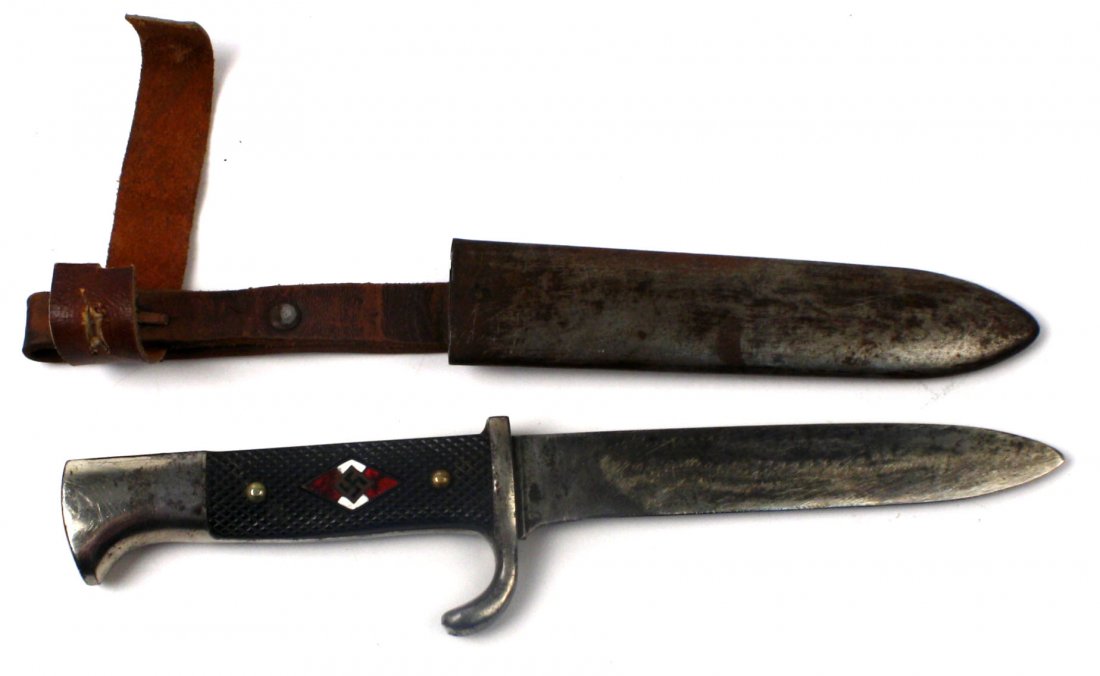 WWII GERMAN HITLER YOUTH KNIFE IN POOR CONDITION: WWII German Hitler Youth knife. Scabbard has no enamel, blade is ground, frog repaired, and HJ emblem loose. Overall poor condition.