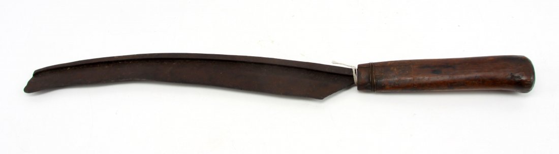 HAND MADE CANE MACHETE OR HAND SCYTHE: Hand made cane machete, forged from scrap steel. 15 inch curved blade with wood handle.