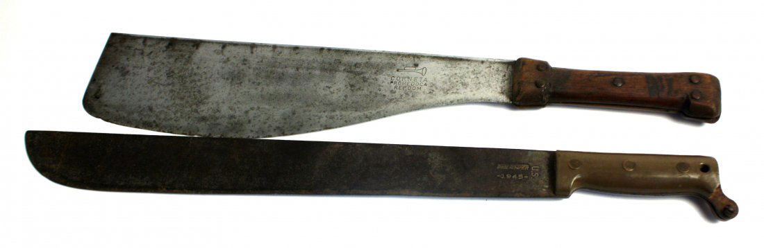 LOT OF 2 VINTAGE MACHETES: Lot of two vintage machetes. A Corneta sugar cane knife, and True Temper machete marked "US 1942". Both in used, but good condition.