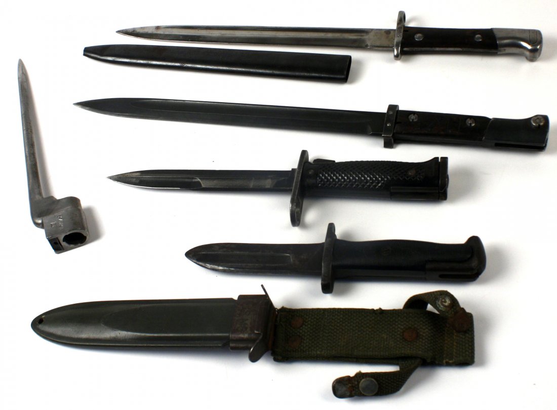 LOT OF SIX VARIOUS BAYONETS: Lot of six various bayonets. Czech VZ24, with no scabbard; British No 4 Mk II spike, no scabbard; South American Mauser bayonet, with mismatched scabbard; US M6 by Imperial, no scabbard; ground down G