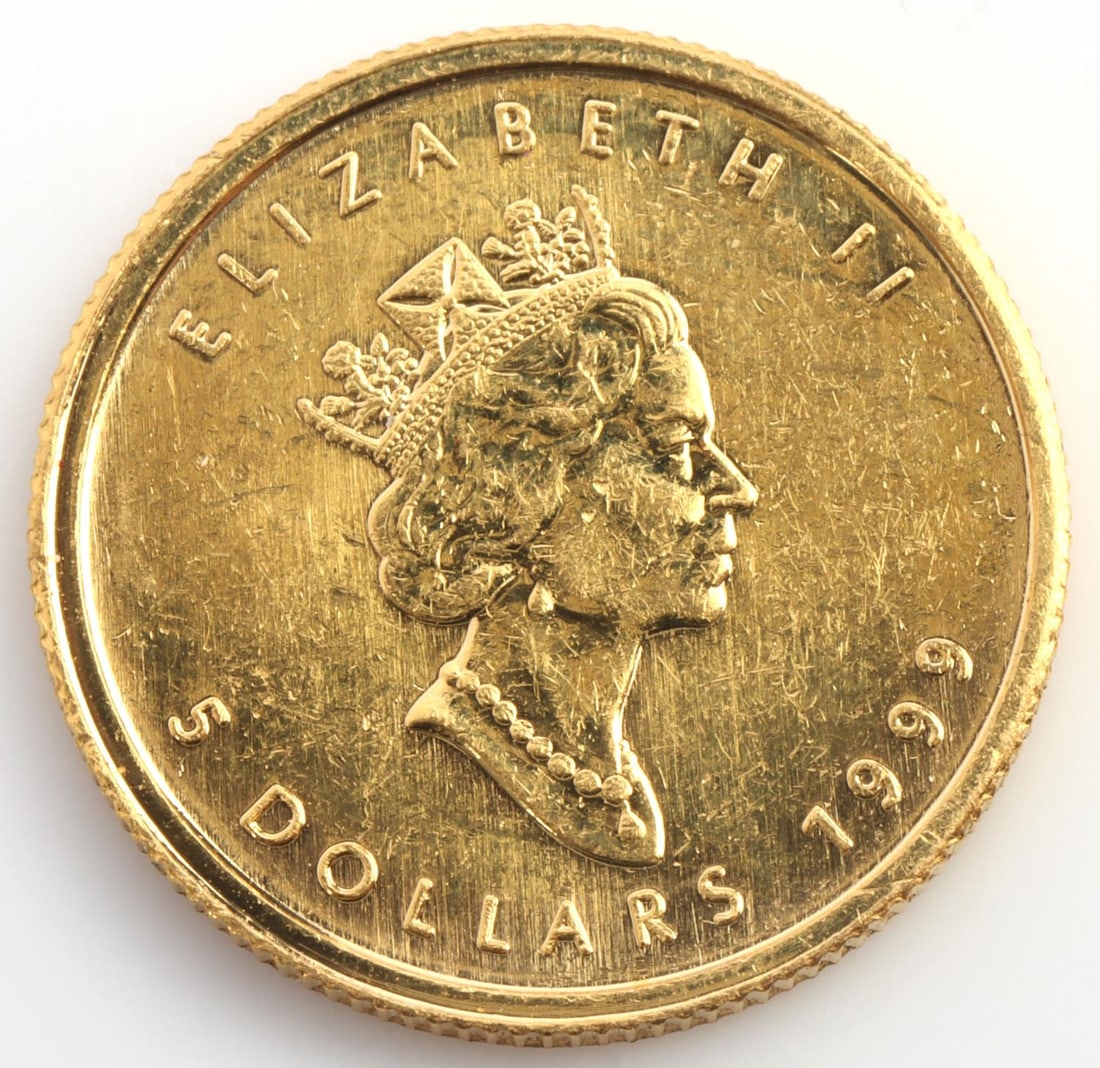 1/10TH OZ CANADA $5 MAPLE LEAF GOLD COIN: Uncirculated .9999 fine gold coin This lot has a reserve.