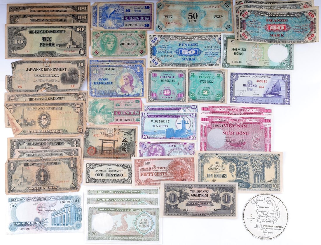38 WWII VIETNAM MPC INVASION BANKNOTE LOT 14 UNC: Mix of Military Payment Currency, Japanese invasion notes, mix of MPC, Invasion and Vietnam notes that are uncirculated, balance from circulation