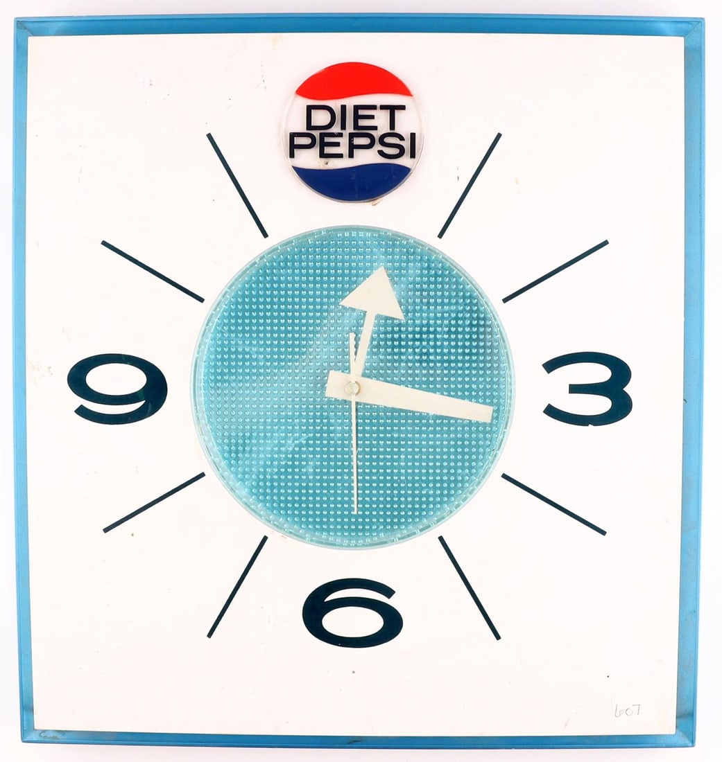 1968 DATED DIET PEPSI CLOCK SIGN: Does not light and clock does not work, needs rewiring, measures 15 x 16.