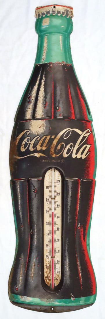 ANTIQUE 1950'S TIN COCA COLA THERMOMETER: Good original condition. with working thermometer, measures 29 inches.