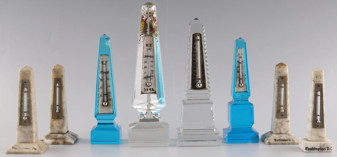 8 ANTIQUE CRYSTAL STONE OBELISK THERMOMETER LOT: Obelisk Thermometers standing 4 to 7 1/4 inches, 3 have damage at top.