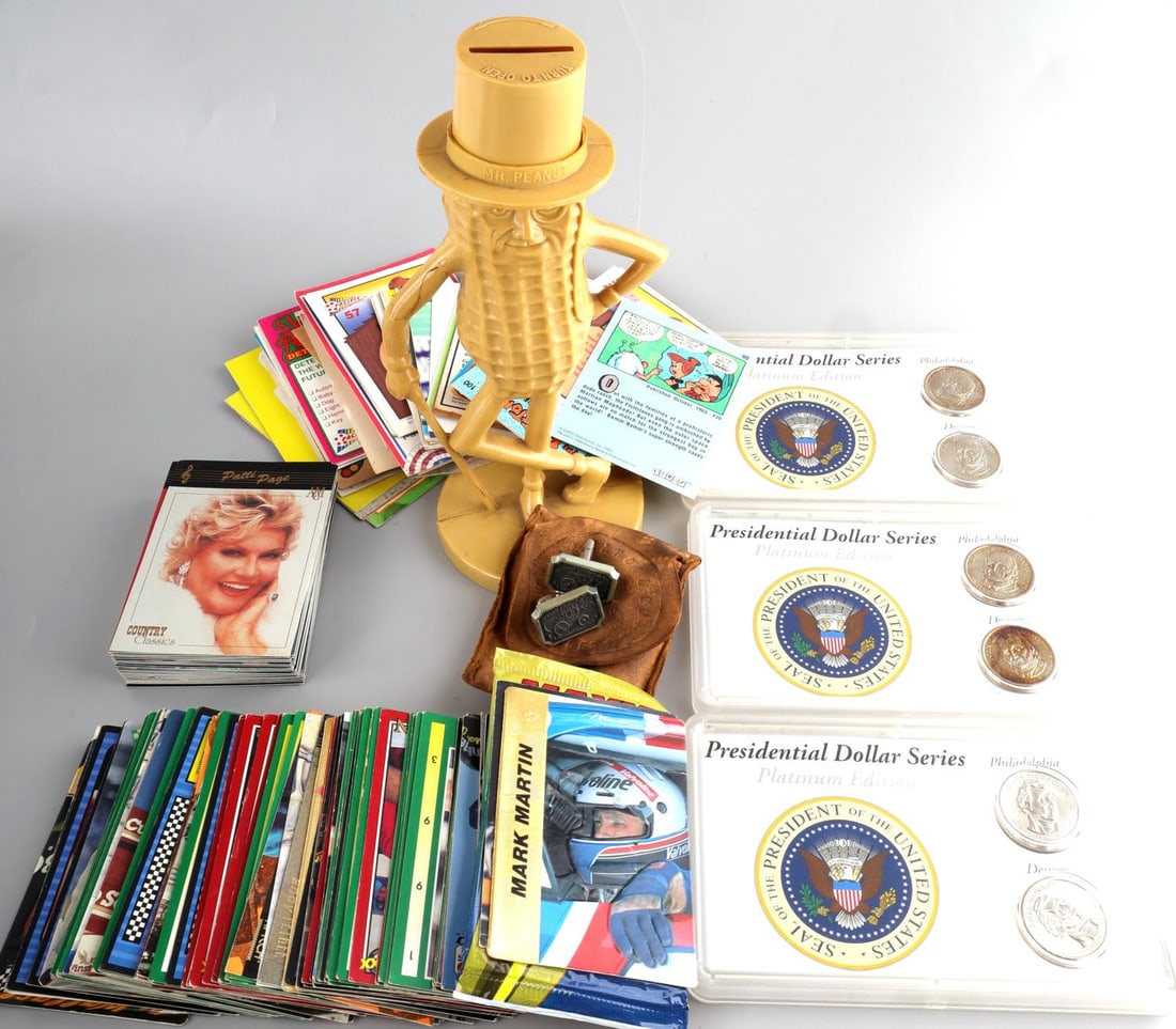 VINTAGE TRADING CARDS & GENERAL ANTIQUE LOT: Lot of one-hundred plus(100+) vintage trading cards and general collectible antiques. Trading cards include NASCAR MAXX Race Cards dated from the early 50s to the late 90s, drivers include Dale Earnha