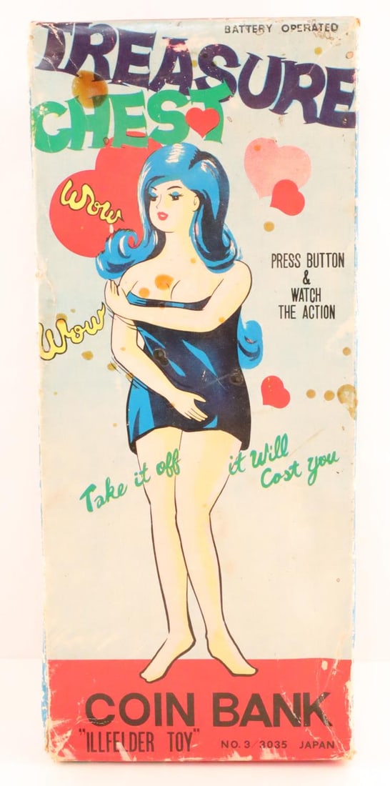 VINTAGE 1960S LADY TREASURE CHEST ILLFELDER TOY CO: Vintage 1960's Lady TREASURE CHEST Battery Operated Coin Bank, made in Japan, distributed by Illfelder Toy Co., New York. Press button and watch as she takes one hand and lifts up her skirt; add more 