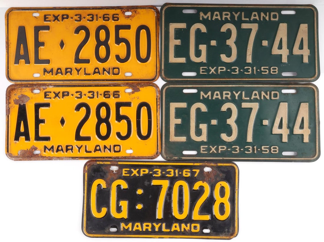 1958 1966 1967 MARYLAND AUTO LICENSE PLATE LOT: 1958 And 1966 are doubles 1967 is a single.