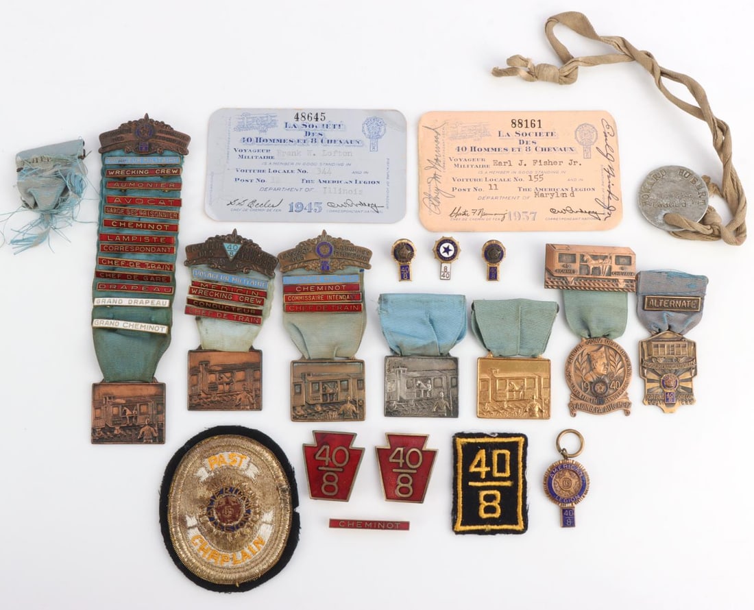 WWI AMERICAN LEGION 48 SOCIETY MEDALS & BADGES: For the American Legion "Societe des 40 hommes & 8 cheveux". Includes many medals with devices, patches, badges, membership cards and more. A rare find.