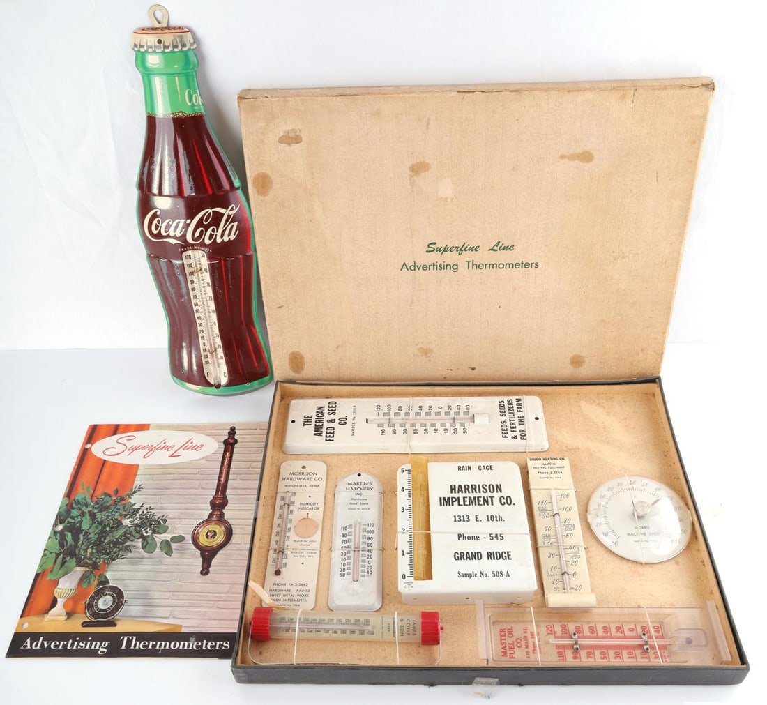SUPERFINE LINE & COCA COLA THERMOMETER LOT: Sales man set with box, and 17 inch Coke thermometer, working.