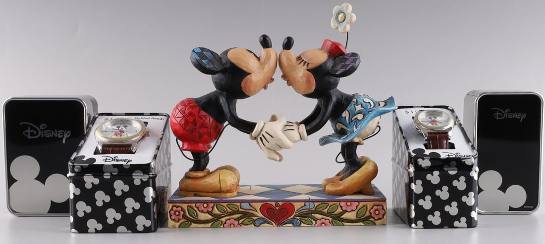 DISNEY MENS WOMENS MICKEY MOUSE WATCHES W FIGURINE: Watches are new in box. Smooch for my Sweetheart figurine is in very good condition, measures 6x5x3 inches.
