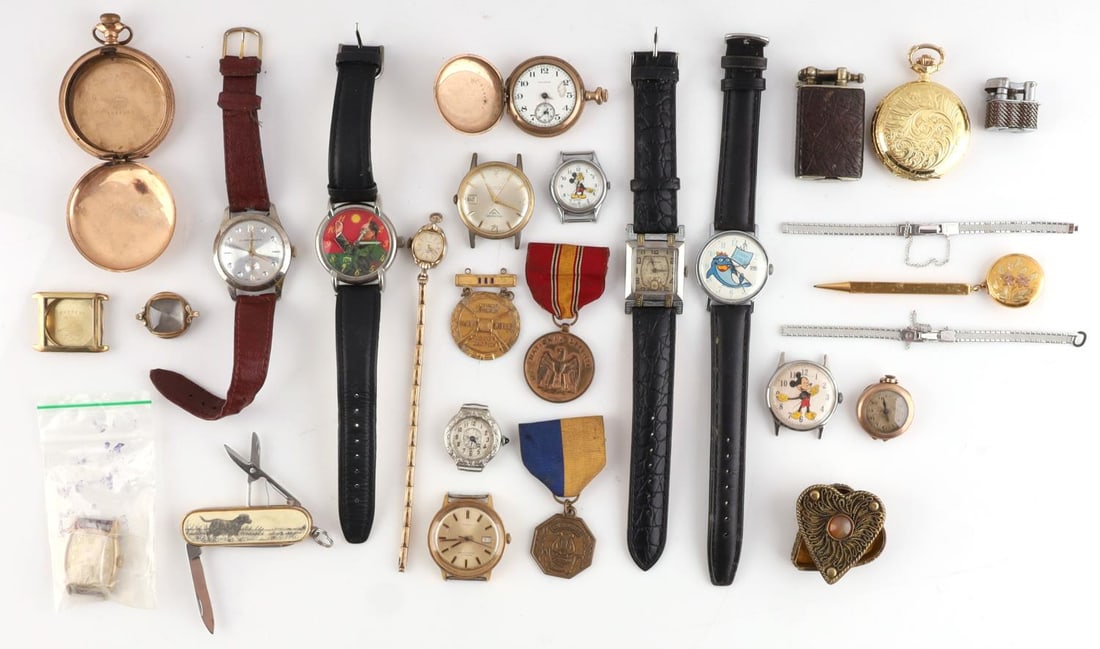 WATCH POCKETWATCH MEDAL LIGHTER KNIFE LOT: Includes working Chairman Mao, watch, propelling pencil, gold fill watch cases, as photographed.