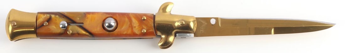 AKC ITALY SWITCHBLADE 9 INCHES: As new, 9 inches opened AKC stamped blade.