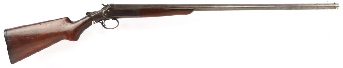 HOPKINS & ALLEN 12 GAUGE SINGLE SHOTGUN: Hopkins & Allen 12 gauge single-shot shotgun. Reflective bore with pitting. 30 inch barrel. Receiver left marked maker. Serial numbered behind trigger guard. Steel with wood stock and forearm. Indenta